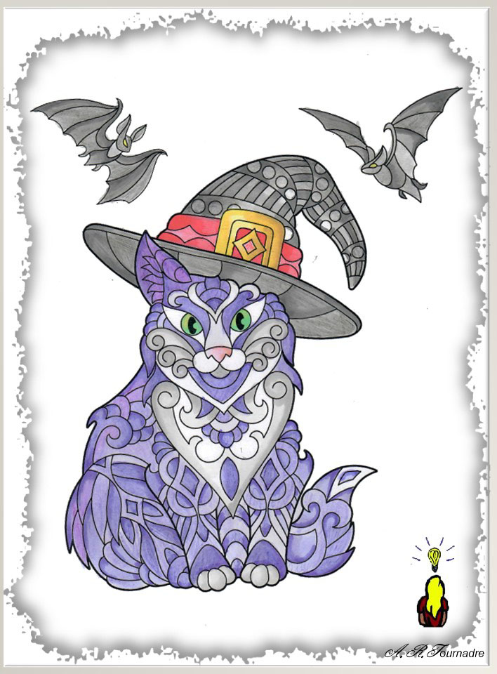 Coloriage Mandala d'Halloween avec des chats noirs