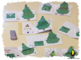 Sapins pop-up coupés en 3 réalisés par mes élèves d'école primaire