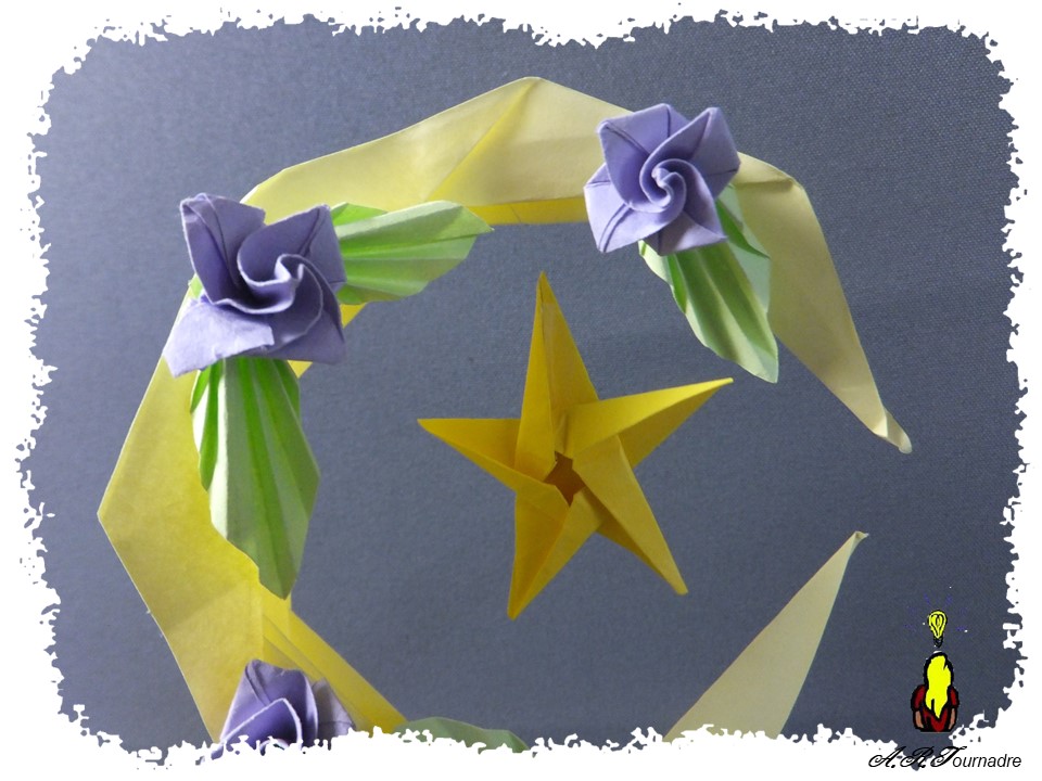 ART 2026 06 baguette lune 3 feuilles et fleurs à 4 pétales en origami