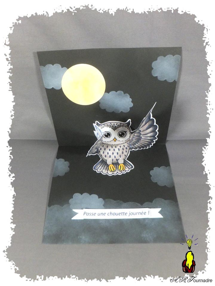 ART 2026 08 hibou 3 carte pop-up à l'ouverture hibou qui aat des ailes